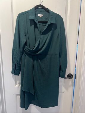 Calvin Klein Teal Draped Long Sleeve Shirt Dress
